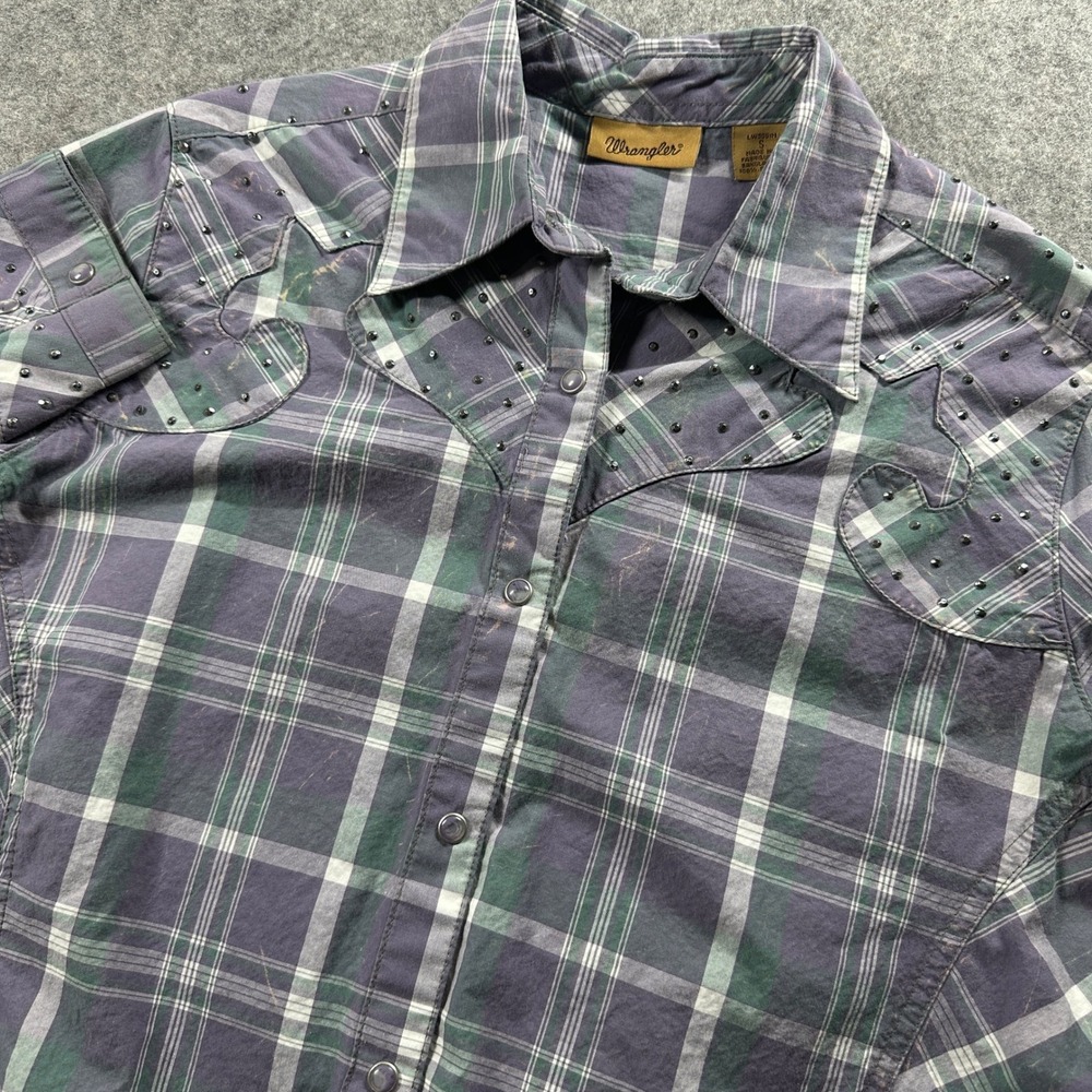 Wrangler Western Pearl Snap Shirt Women Small Purple Plaid Studded LW3051H